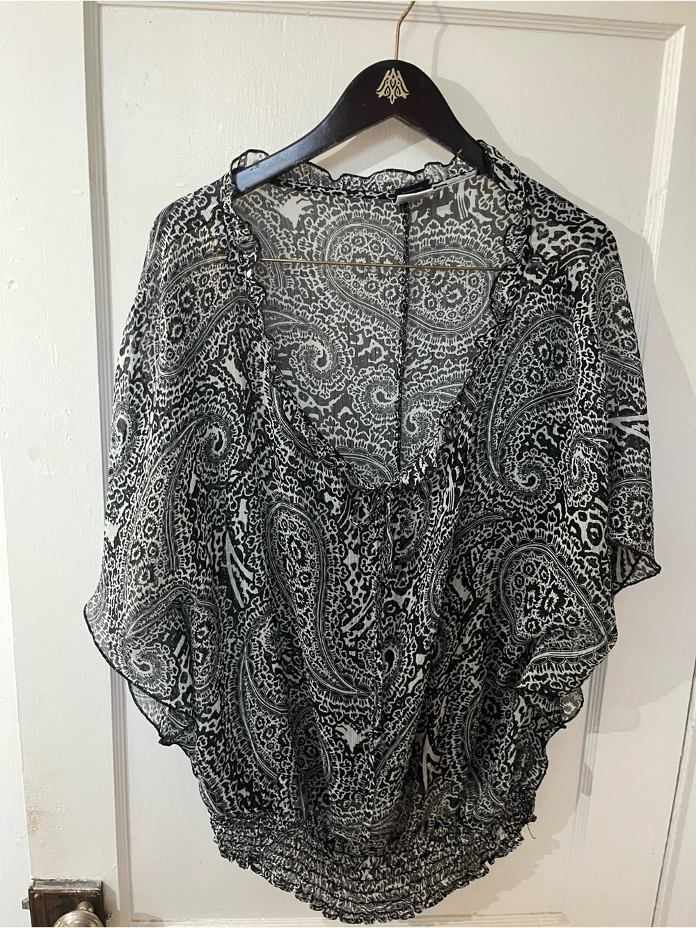Faded Glory Women XXL Chiffon Blouse Black White Paisley Sheer Smocked Hem EUC